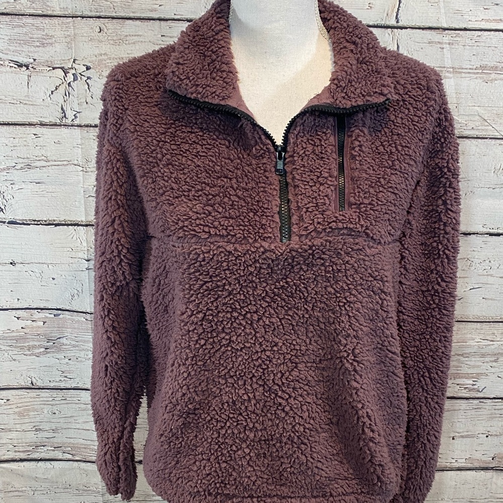 WALLFLOWER Teddy Fleece Pullover 1/4 Zip Plum-Large